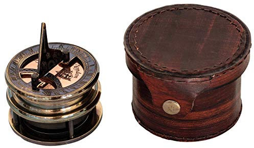 aubaho Kompass Maritim 8cm Sonnenuhr Navigation Messing Glas Leder Antik-Stil Replik
