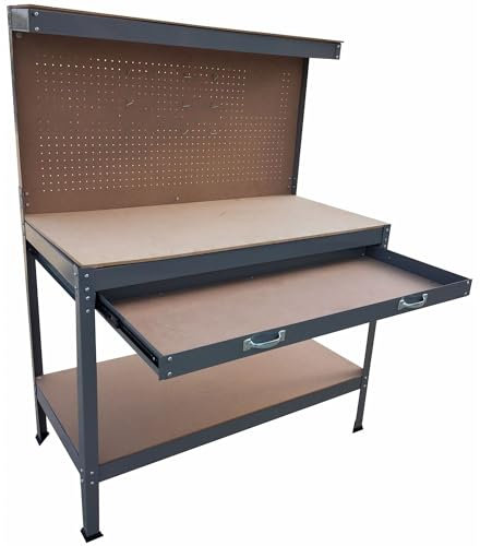 Werkbank aus Metall mit Regalen, Schublade und Blende WERKA PRO