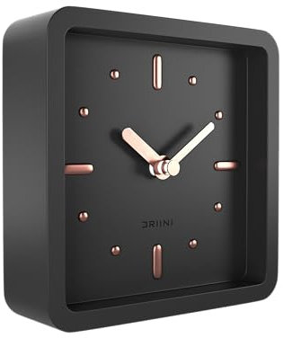 Driini Modern Mid Century Desk & Shelf Clock (Black Rose Gold) - Small Battery Operated and Silent Analog Tabletop Clocks for Living Room Decor – Ideal for Mantle, Office Table, Desktop or Nightstand