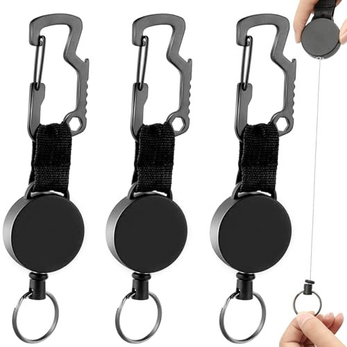 3 Stück Einziehbarer Schlüsselanhänger, Schlüsselband Ausziehbar, Retractable Schlüsselrolle mit 23 Zoll Stahlkordel, Multitool Karabiner, Abzeichen Reel Clip für Kartenhalter Ausweis, Schlüssel