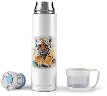 Cute Little Tiger Vacuum Flask 500ml Stainless Steel Water Bottle Insulated Thermo Bottle with Cup for Hot Drink Coffee Tea