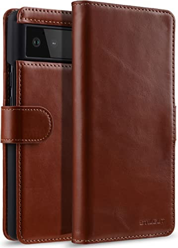 STILGUT Talis kompatibel mit Google Pixel 6 Hülle mit Kartenfach aus Leder, Flip Cover, Wallet Case, Lederhülle mit Fächern & Verschluss - Cognac