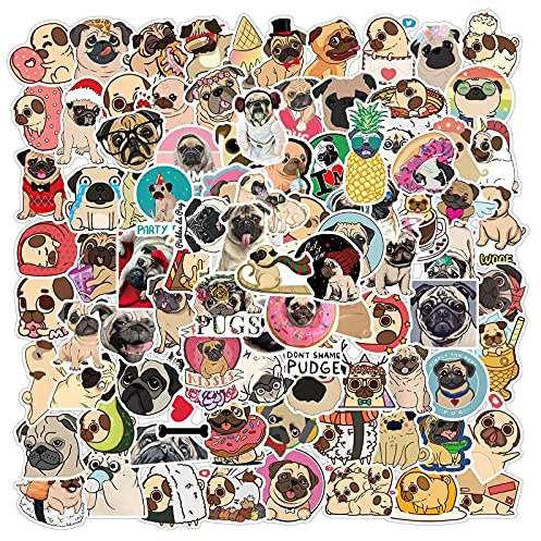 100 Pack Cute Pug Dog Stickers Kids Teens Adults Pug Lover Party Supplies Decoration,Waterproof Animals Stickers for Car Laptop Phone Bike Skateboard Guitar Scrapbook Water Bottle