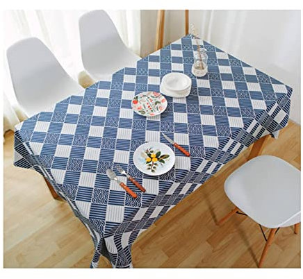 EHOMERY Tischdecke Rechteckig Abwischbar Table Cloth Stain Resistant Plaid Und Streifen Tischdecke Klein Set Tischschoner Unterlage Meterware Blau Weiss Tischschutz Dekoration 140X180Cm
