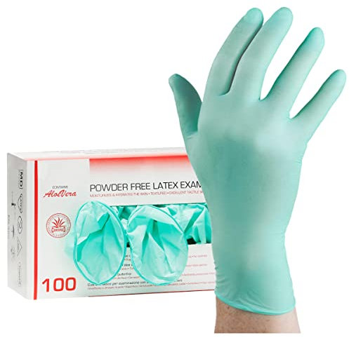 DE Healthcare Products – Latex-Einmalhandschuhe mit Aloe Vera (100 Stück), puderfrei, unsteril, hydralisierend, apfelgrüne Handschuhe für beide Hände, L