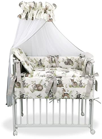 Baby Delux Beistellbett Set Babybett Komplett Set Stubenwagen weiß 90x40 mobil mit Rädern inkl. Bettwäsche Matratze (Tierwald)