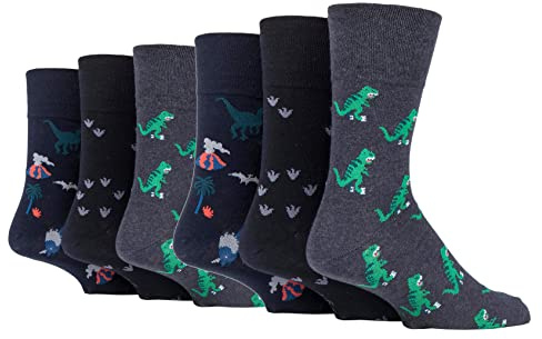 Gentle Grip | 6 Pairs Men's Everyday No Elastic Cotton Socks | Size 6-11 UK (Dinosaurs)