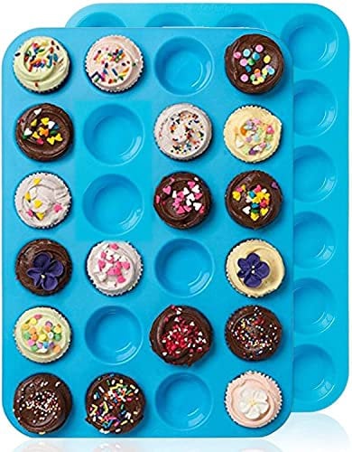 LIDOU Mini Muffin Tray 24 Cup Silicone Muffins Pan, Non-Stick Cupcake Tin, Silicon Mould Bakeware, Reusable Baking Case for Mini Mince Pie, Cupcakes, Dishwasher Safe, 34 x 23 x 2.5 cm (Blue)
