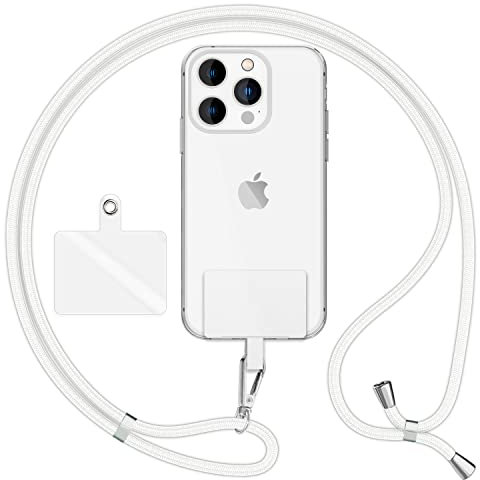 NALIA HoldMe Air Universal-Kette mit Pad, Band für Handy-Hülle zum Umhängen, Karabinerhaken aus Metall (silber), Schlüsselband Umhängeband 160 CM, Crossbody Lanyard mit Schlaufe, Farbe:Weiß