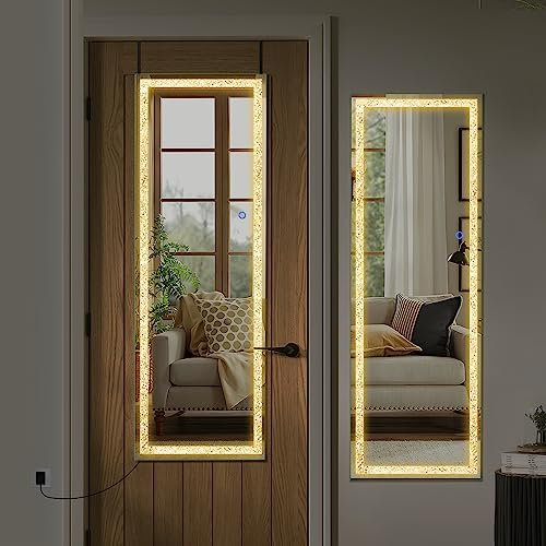 NeuType 51x18 Crystal LED Mirror Full Length Door Mirror with LED Lights Crystal Wall Mirror Lighted Mirror Over The Door Crush Diamond Mirror for Wall Dimming & 3 Color