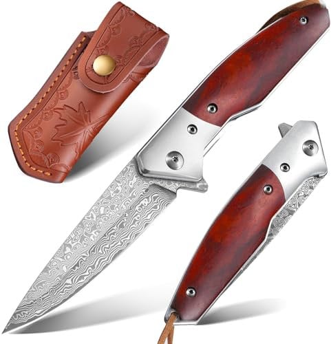 Dragon Creek Damast Klappmesser EDC Taschenmesser mit Damaststahl Klinge Schöne Messerscheide aus Leder - Damastmesser für Outdoor Survival Sammlung Geschenk
