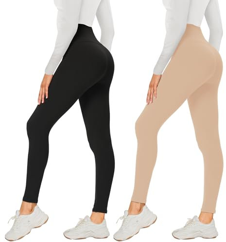 AMIYOYO 2er Pack Leggings für Damen High Waist Leggins Blickdicht Elastische Bauchweg Hosen Weiche Sporthose für Yoga Fitness Outdoor Freizeit(Schwarz+Mix-Beige,XXL=DE50-54)
