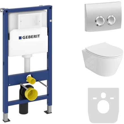 Lavita Duofix Basic Vorwandelement + Wand Tiefspül WC Praia Weiß Spülrandlos + WC Sitz + Bedienplatte Delta 25 Verchromt Knop| Komplettset Unterputz Spülkasten Toilette Komplett Sett WC