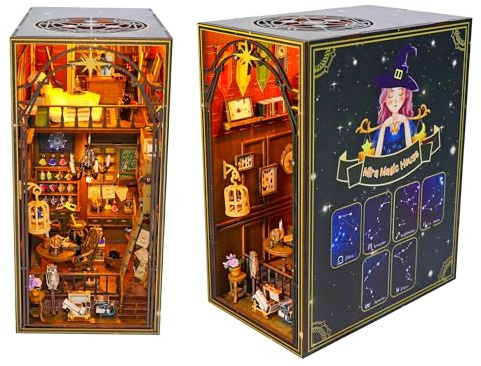 DEESOSPRO DIY Book Nook Kit, Puppenhäuser Miniatur Haus Kit, 3D Puzzle Holzpuzzle Bücherecke Bücherregal Dekor Kreativität Modellbausätze mit LED Licht, Diorama Modelbau für Erwachsene, Magisches Haus