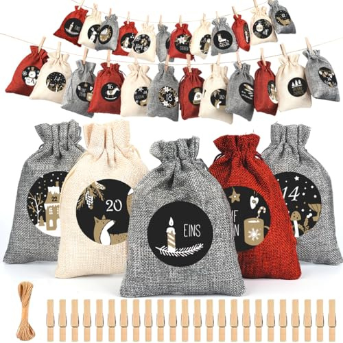 VIPOWOZ Adventskalender zum Befüllen 2024, Adventskalender Selber Befüllen für Kinder Frauen Männer, 24 Adventskalender Säcke 3 Größen, Adventskalender Säckchen Groß, Weihnachtskalender Kinder