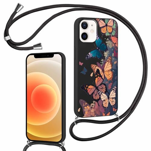 Kueqeay Handykette für iPhone 12 Pro/12 Hülle mit Band 6,1'', Aesthetic Muster Design Schmetterling Schutzhülle Silikon Mattiert Necklace Handyhülle für zum Umhängen Verstellbare Ultra Stoßfest, 15