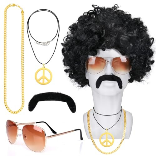 Humairc Karneval Kostüm Afro Perücke Herren Perücke Sonnenbrille Halskette Bart 70er 80er Jahre Outfit für Männer Damen Rocker Perücke Karneval Kostüm Damen Herren (Schwarz)