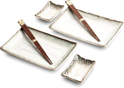 JAPAN ORIENTAL SUHI PLATLER SET | Sushi Vajilla | Juego de 6 piezas de sushi para 2 personas | Platos de sushi, cuencos y palillos en diferentes diseños asiáticos – Fabricado en Japón (White Lines)