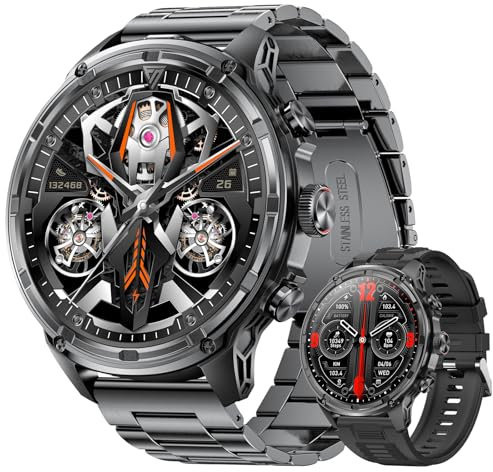 Smartwatch Herren,1.85‘’ HD Großes Display/710 mAh Akku Sportuhr Herren mit Taschenlampe/120+ Sportmodi,5ATM Wasserdicht Fitnessuhr mit Herzfrequenz,Schlafmonitor für Android iOS Metallarmband