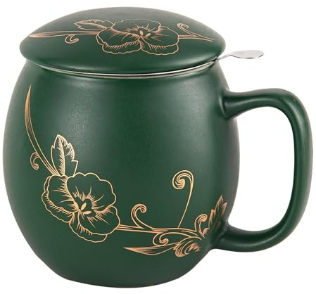 Yundu - Tazza in ceramica da 360ml con coperchio e filtro per tè - Tazza da tè verde opaca con fiore dorato, infusore in acciaio inossidabile per tè sciolto