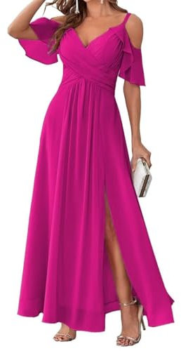 Vestidos de dama de honor con hombros descubiertos para boda, tirantes delgados, gasa, formal, fiesta de noche, vestido largo con abertura AH129, fucsia, 42