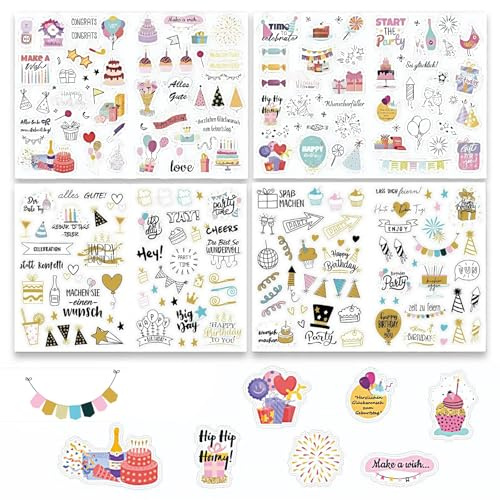 RhiVrillion Sticker Geburtstag Set, Selbstklebende Aufkleber Geburtstag, Birthday Stickers für DIY Geburtstagskarten Geschenke Gästebuch Fotoalbum Scrapbook, Party-Deko für Kinder & Erwachsene