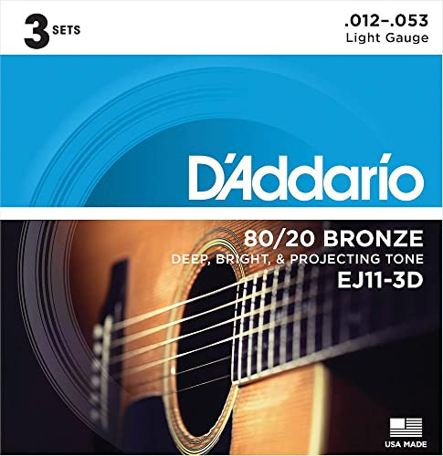 D'Addario Guitar Strings - Acoustic Guitar Strings - 80/20 Bronze - For 6 String Guitar - Deep, Bright & Projected Tone - EJ11-3D - Lightweight, 12-53 (3 Pack)
