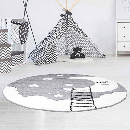 Kinderteppich Mond Sterne Grau - 160 cm Rund - Teppich Kinderzimmer für Jungen und Mädchen