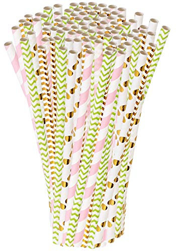PEARL Trinkhalm Cocktail: 100 Papier-Trinkhalme, Retro-Motive in gold, grün, rosa, 197 x 6 mm (Trinkstrohhalme, Straw, Trinkflasche)