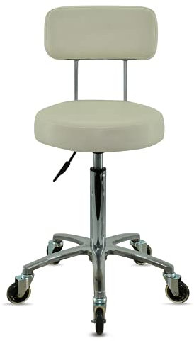 VAKON SALON - Premium Rollhocker mit Lehne in Weiß - Höhenverstellbar von 55 bis 75 cm - Rundsitz - Drehhocker Arbeitshocker Praxishocker