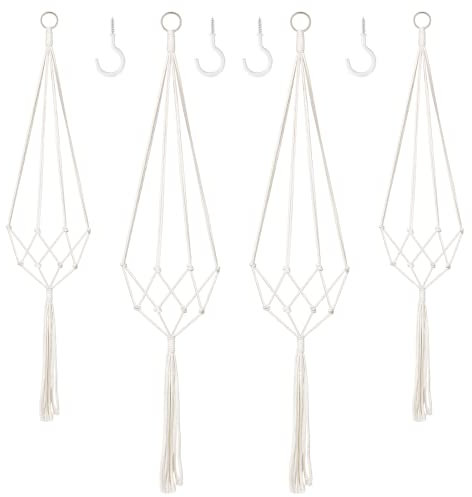 Augshy Makramee Blumenampel 4er Set,Boho Deko Baumwollseil Hängeampel Blumentopf Pflanzen Halter Aufhänger für Innen Außen Decken Balkone Wanddekoration (Beige)