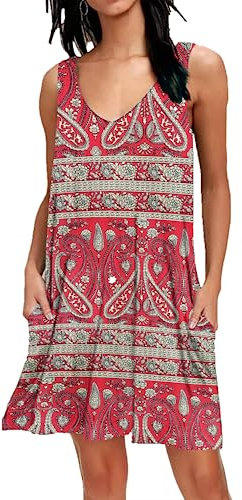 AUSELILY Sommerkleid Damen Ärmellose Strandkleid Leicht Swing Kleid V Ausschnitt Mini Kleid mit Taschen Blaue Blume Rot XL