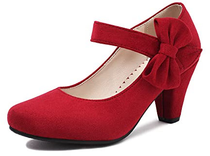 elerhythm Damen Mary Jane Vintage Heels mit Schleife Gatsby 1950er Pumps Closed Toe 1920er Jahre viktorianische Knöchelriemen Faux Wildleder Schuhe (ROT EU40)
