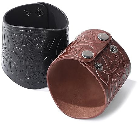 POFET 2 Stück Wikinger-Armbänder mit geprägtem Leder, Wikinger-Kostüm für Theateraufführung, Cosplay, Halloween-Kostüm, Schwarz + Braun