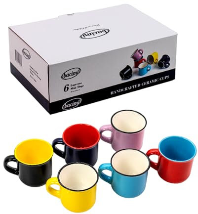 Bacimi® Mini Espressotassen aus Keramik (6 Stück / 90 ml) – Kleine Trinkbecher mit Griff – spülmaschinen- und mikrowellengeeignet – moderne Tassen für Kaffee, Tee, Kakao, Milch & Latte