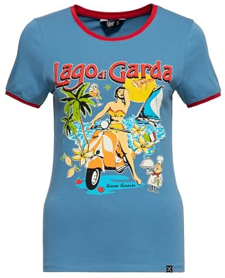 Queen Kerosin Damen Print T-Shirt Shirt Kurzarmshirt Lago Di Garda Gardasee Vintage Retro Artwork Ringer Slim Fit Lago Di Garda