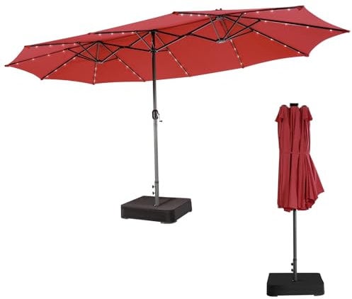 KOMFOTTEU Parasol de Jardin Double avec 48 Lumières LED, 450 x 260 cm, Parasol rectangulaire UPF 50+, Grand Parasol d’Extérieur pliable, pour Patio, Piscine, Terrasse, Café, Cour (Rouge)