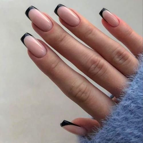 French Tip False Nails - 24pcs Short Square Black Edge Nude Pink Press On Nails With Glue - Reusable Glossy Acrylic Full Cover Fake Nails French Tip - Stick On Nails For Women Diy Nail Art Accessories