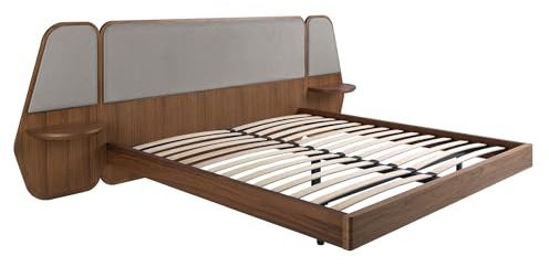 ÁNGEL CERDÁ - Doppelbett aus Nussbaum und Grauem Stoff mit Gepolstertem Kopfteil und Integrierten Nachttischen - Ehebett Kompatibel mit Matratze 180x200 cm - Modernes Design - 276 x 209 x 110 cm