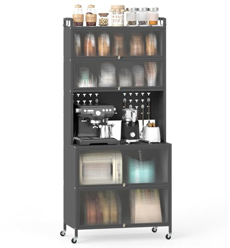 COSTWAY Küchenschrank mit Rollen, Buffetschrank mit Arbeitsplatte, Lochwand, Haken, transparenten Türen, für Mikrowelle, Aufbewahrungsschrank für Küche, Esszimmer, Wohnzimmer (Grau)