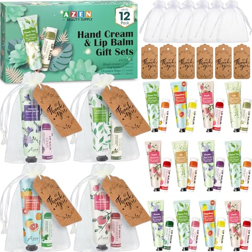 AZEN 12 Sets Großgeschenke, Handcreme und Lippenbalsam, Großpackung mit Organza-Beutel, Dankeskarte, Babyparty, Hochzeitsgeschenke für Gäste, Brauthochzeitsgeschenke