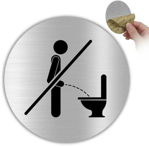 LEIASA | Schild Im Sitzen Pinkeln - Ø 10 cm - Aluminium Silber - WC Hygiene | Aufkleber Sitzpflicht Herren, Plakette Bitte Hinsetzen, Hinweisschild Sitzpinkler, Türschild Sauberkeit beim Urinieren