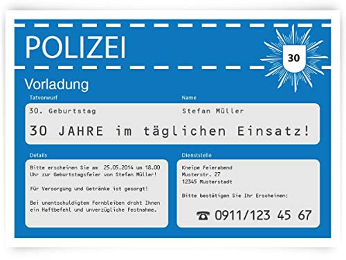 Witzige personalisierte Einladungskarten zum Geburtstag (ab 10 bis 100 Stück) als Polizeivorladung Polizei Vorladung Karte