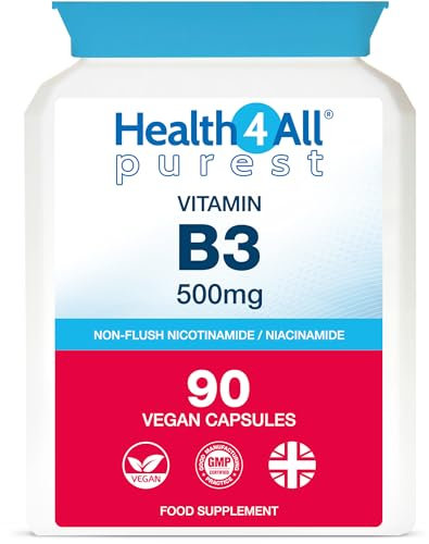 Health4All Vitamin B3 Niacin as Nicotinamide (Niacinamide) 500mg 90 Capsules (V) Purest, No Additives, Vegan, Gluten Free No-Flush Niacin Capsules