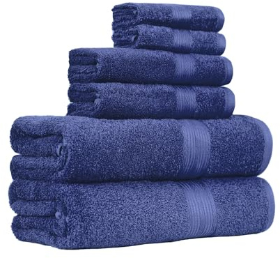 Amazon Basics 6-Piece Fade-Resistant 100% Cotton Towel Set, Soft and Absorbent, 2 Bath Towels, 2 Hand Towels, 2 Washcloths, Navy Blue