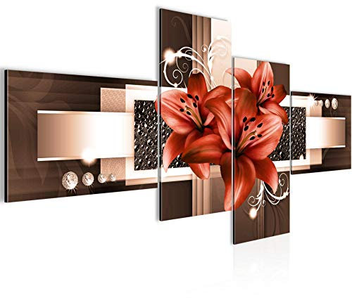 Runa Art Wandbilder Set XXL Blumen LilienWohnzimmer Schlafzimmer Beige Braun 4 Teilig - Made in Germany - 008645b