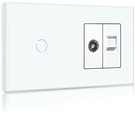 BSEED Interruptor tactil con Enchufe Blanco,Toma de corriente RJ45 Cat5 Toma de corriente coaxial de antena de TV y Ethernet,1 Gang 1 Vía interruptores de luz pared con panel de vidrio templado
