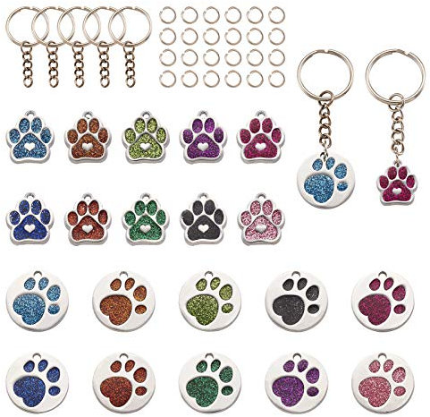 PandaHall 20 Stück Hunde- und Katzenpfoten-Anhänger, Tier-Glitzer, Fußabdruck, baumelnde Charms mit 20 Binderingen und 20 geteilten Schlüsselringen für Halsketten, Armbänder, Schmuckherstellung