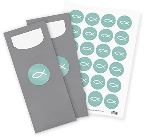 itenga 24x Bestecktaschen GRAU Fisch türkis weiß Pochetten inkl. Serviette und Sticker Aufkleber Tischdeko Einweggeschirr passend für Kommunion Konfirmation