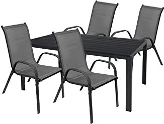 Mojawo Hochwertige Gartengarnitur 5-teilig Gartentisch 180x90cm Anthrazit Aluminium Schwarz + 4 Stapelstühle Stahl Textilen Anthrazit